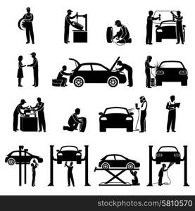 Auto service icons black set with mechanic and cars silhouettes isolated vector illustration. Mechanic Icons Black