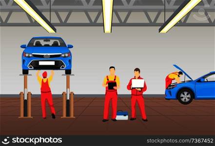 Auto service in spacious garage vector banner, colorful illustration of vehicle workshop, professional workers with special equipment and tech tools. Auto Service in Spacious Garage Vector Banner