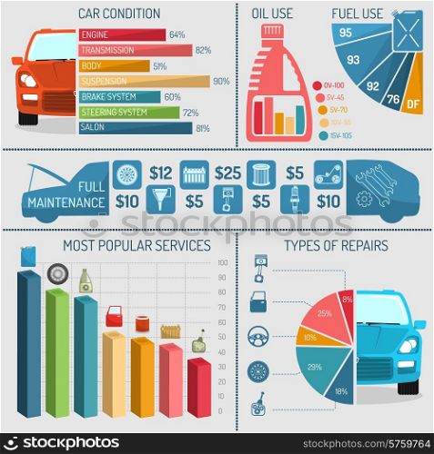 Auto service infographics set with car repair technical diagnostics symbols and charts vector illustration. Auto Service Infographics