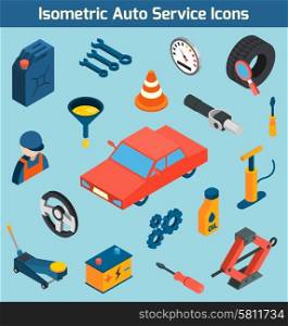 Auto Service Isometric Icons Set. Auto service tools consumables and spare parts isometric icons set isolated vector illustration