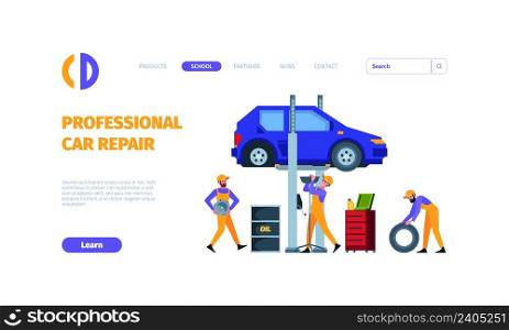 Auto service landing. Mechanic workers repairing processes service center changing wheels garish vector business web page template. Illustration of auto repairman, worker service. Auto service landing. Mechanic workers repairing processes service center changing wheels garish vector business web page template