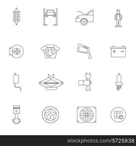 Auto service outline icon set with vehicle parts brakes and service isolated vector illustration