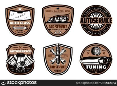 Auto service retro grunge badge of car diagnostic, repair and vehicle tuning. Car engine, tire and wheel, wrench, spark plug, glass and headlight vintage shield for garage and mechanic workshop design. Auto service retro badge of car repair shop design