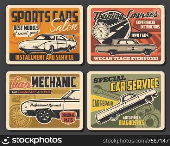 Auto service retro posters of car mechanic repair and diagnostics vector design. Vintage car spare parts, wheel and tire, vehicle engine piston, wrench and spanner, brake pads, road and speedometer. Retro cars with repair spare parts, wheel, piston