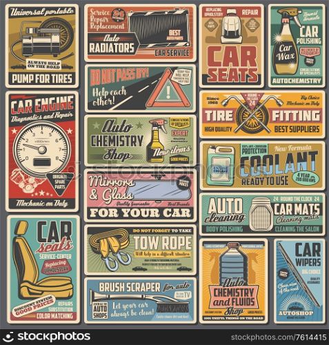 Auto service retro posters with vector car repair and tuning spare parts. Vehicle engine, motor, brake and wheel tire, piston, wipers and seats, radiator, tow rope, coolant and mechanic garage tools. Auto service car repair and tuning spare parts