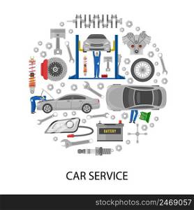 Auto service round design with cars mechanics work tools machine details on white background vector illustration . Auto Service Round Design