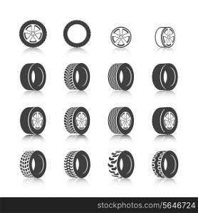 Auto service shop wheels disks and tires construction check montage replacement black icons set isolated vector illustration