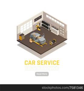 Auto service systems check car parts replacement including tires automotive battery brake cylinder isometric composition vector illustration