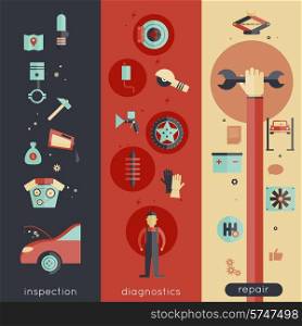 Auto service vertical banner set with inspection diagnostics repair elements isolated vector illustration