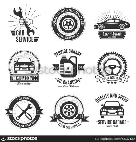Auto Services Black White Emblems . Auto services black white emblems with bodies of cars wrench screwdriver washing canister wheel isolated vector illustration