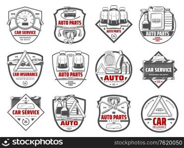 Auto spare parts and car accessory workshop icons. Vector tow belt, oils and chemical fluids, automotive service lung wrench tool and radiator, upholstery replacement and mechanic station sign. Car store auto parts and vehicle accessory icons