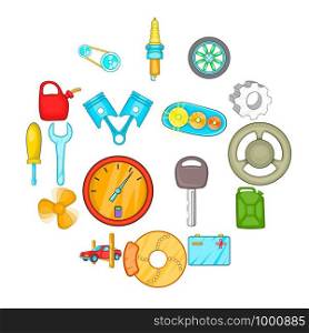 Auto spare parts icons set in cartoon style. Car maintenance set collection vector illustration. Auto spare parts icons set, cartoon style