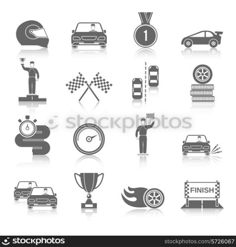 Auto sport black icons set with fire wheel start flag cup isolated vector illustration