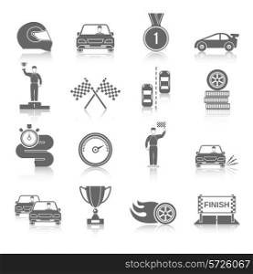 Auto sport black icons set with fire wheel start flag cup isolated vector illustration