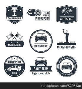 Auto sport black label set with championship motorsport racing car emblems isolated vector illustration