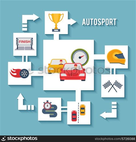 Auto sport concept with paper car wheel helmet and award flat icons vector illustration