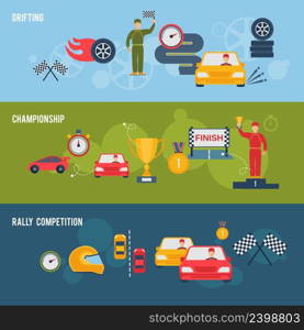 Auto sport flat banner set with drifting ch&ionship rally competition isolated vector illustration