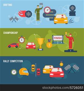 Auto sport flat banner set with drifting championship rally competition isolated vector illustration