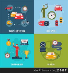 Auto sport flat icons set with rally competition high speed ch&ionship drifting isolated vector illustration