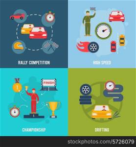 Auto sport flat icons set with rally competition high speed championship drifting isolated vector illustration