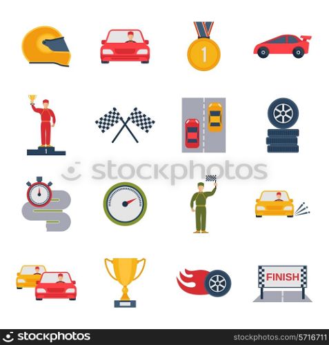 Auto sport grand prix icon flat set with bolide trophy helmet isolated vector illustration