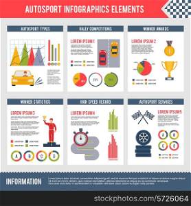 Auto sport infographics set with bolide trophy flag automobile competition charts vector illustration