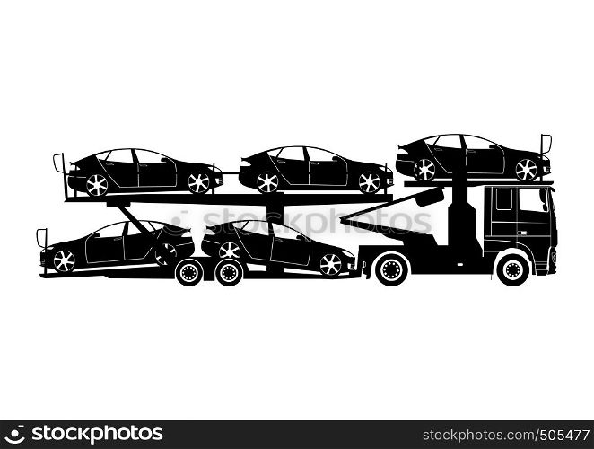 Auto transport. Truck with car carrier trailer carrying cars. Shapes in two easy-to-change colors. Flat vector.