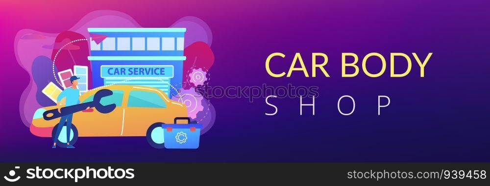 Auto tuner with wrench and toolbox doing vehicle modification at car service. Car tuning, car body shop, vehicle music upgrade concept. Header or footer banner template with copy space.. Car tuning concept banner header.