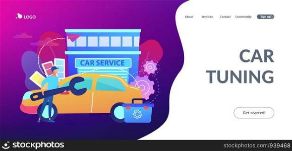 Auto tuner with wrench and toolbox doing vehicle modification at car service. Car tuning, car body shop, vehicle music upgrade concept. Website vibrant violet landing web page template.. Car tuning concept landing page.