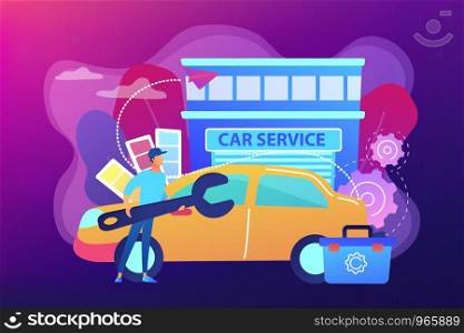 Auto tuner with wrench and toolbox doing vehicle modification at car service. Car tuning, car body shop, vehicle music upgrade concept. Bright vibrant violet vector isolated illustration. Car tuning concept vector illustration.