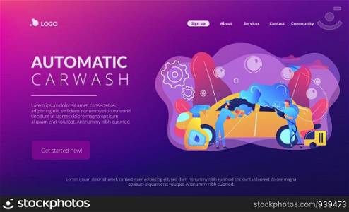Auto wash attendants cleaning the exterior of the vehicle with special equipment. Car wash service, automatic carwash, self-serve car wash concept. Website vibrant violet landing web page template.. Car wash service concept landing page.