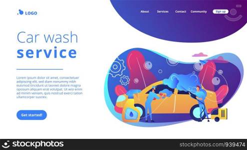 Auto wash attendants cleaning the exterior of the vehicle with special equipment. Car wash service, automatic carwash, self-serve car wash concept. Website vibrant violet landing web page template.. Car wash service concept landing page.