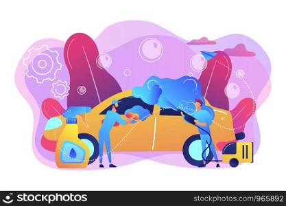 Auto wash attendants cleaning the exterior of the vehicle with special equipment. Car wash service, automatic carwash, self-serve car wash concept. Bright vibrant violet vector isolated illustration. Car wash service concept vector illustration.