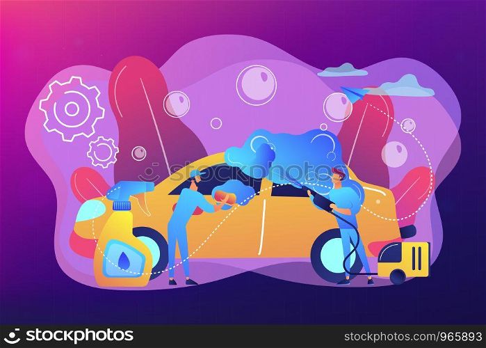 Auto wash attendants cleaning the exterior of the vehicle with special equipment. Car wash service, automatic carwash, self-serve car wash concept. Bright vibrant violet vector isolated illustration. Car wash service concept vector illustration.