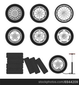 Auto wheels set.. Wheels flat icons. Illustration of auto wheels and tire servise.