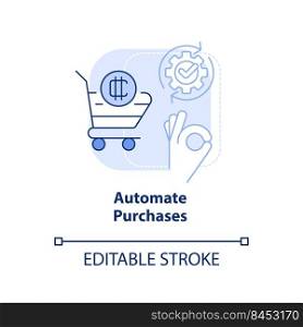 Automate purchases light blue concept icon. Build algorithm. Cryptocurrency tip abstract idea thin line illustration. Isolated outline drawing. Editable stroke. Arial, Myriad Pro-Bold fonts used. Automate purchases light blue concept icon