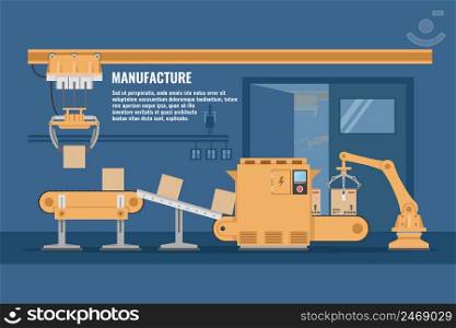 Automated assembly line design with conveyor system of yellow color in blue workshop vector illustration . Automated Assembly line Design