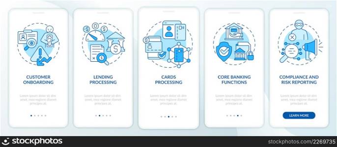 Automated banking blue onboarding mobile app screen. Autonomous operation walkthrough 5 steps graphic instructions pages with linear concepts. UI, UX, GUI template. Myriad Pro-Bold, Regular fonts used. Automated banking blue onboarding mobile app screen