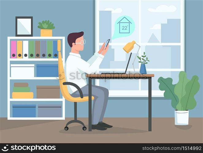 Automated climate control flat color vector illustration. Guy controlling smart home thermostat. Domestic life innovations. Young man with smartphone 2D cartoon character with workplace on background