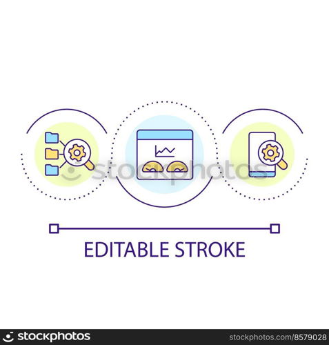 Automated data analysis loop concept icon. Computer system. Analysis. Research and analytics abstract idea thin line illustration. Isolated outline drawing. Editable stroke. Arial font used. Automated data analysis loop concept icon