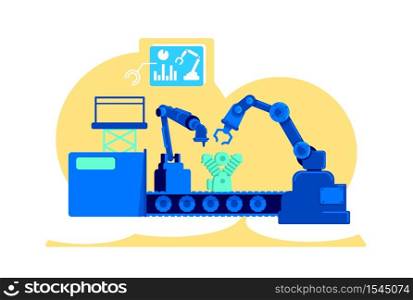 Automated factory flat concept vector illustration. Manufacture conveyor belt with robotic arm. Industrial production 2D cartoon illustration for web design. Smart industry creative idea. Automated factory flat concept vector illustration