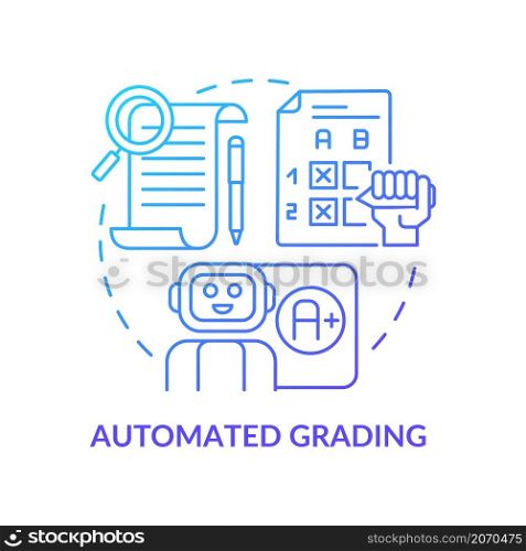 Automated grading blue gradient concept icon. Evaluating student process. Abstract idea thin line illustration. Isolated outline drawing. Editable stroke. Roboto-Medium, Myriad Pro-Bold fonts used. Automated grading blue gradient concept icon