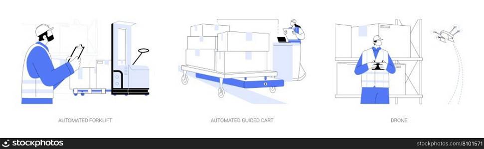 Automated guided vehicles abstract concept vector illustration set. Automated forklift, self-driving cart, drone use in wholesale and warehousing business, goods transportation abstract metaphor.. Automated guided vehicles abstract concept vector illustrations.