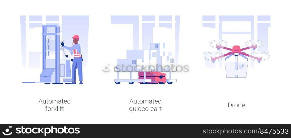 Automated guided vehicles isolated concept vector illustration set. Automated forklift, self-driving cart, drone use in wholesale and warehousing business, goods transportation vector cartoon.. Automated guided vehicles isolated concept vector illustrations.