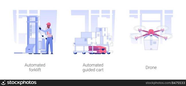 Automated guided vehicles isolated concept vector illustration set. Automated forklift, self-driving cart, drone use in wholesale and warehousing business, goods transportation vector cartoon.. Automated guided vehicles isolated concept vector illustrations.