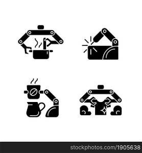 Automated mechanical devices black glyph icons set on white space. Robotic kitchen. Welding robotics. Coffee making robot. Laundry-folding machine. Silhouette symbols. Vector isolated illustration. Automated mechanical devices black glyph icons set on white space