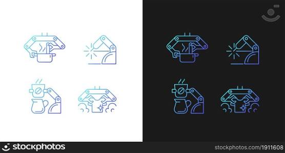 Automated mechanical devices gradient icons set for dark and light mode. Robotic kitchen. Thin line contour symbols bundle. Isolated vector outline illustrations collection on black and white. Automated mechanical devices gradient icons set for dark and light mode