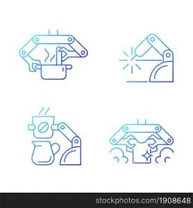 Automated mechanical devices gradient linear vector icons set. Robotic kitchen. Welding robotics. Coffee making robot. Thin line contour symbols bundle. Isolated outline illustrations collection. Automated mechanical devices gradient linear vector icons set