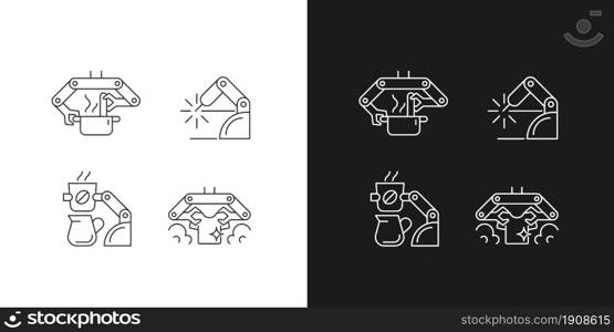 Automated mechanical devices linear icons set for dark and light mode. Robotic kitchen. Coffee making robot. Customizable thin line symbols. Isolated vector outline illustrations. Editable stroke. Automated mechanical devices linear icons set for dark and light mode