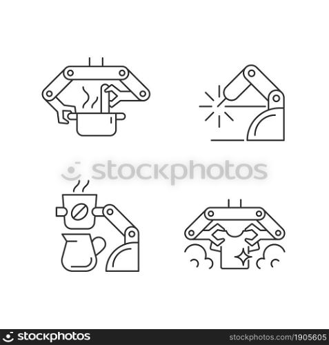 Automated mechanical devices linear icons set. Robotic kitchen. Welding robotics. Coffee making robot. Customizable thin line contour symbols. Isolated vector outline illustrations. Editable stroke. Automated mechanical devices linear icons set